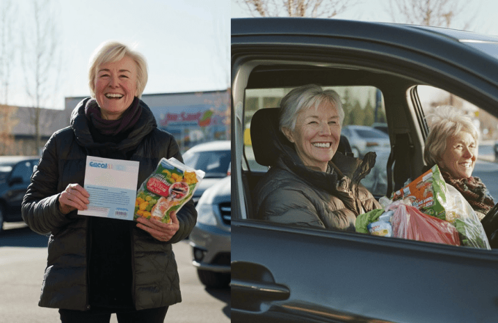 Emily on a parking lot holding grocery bags